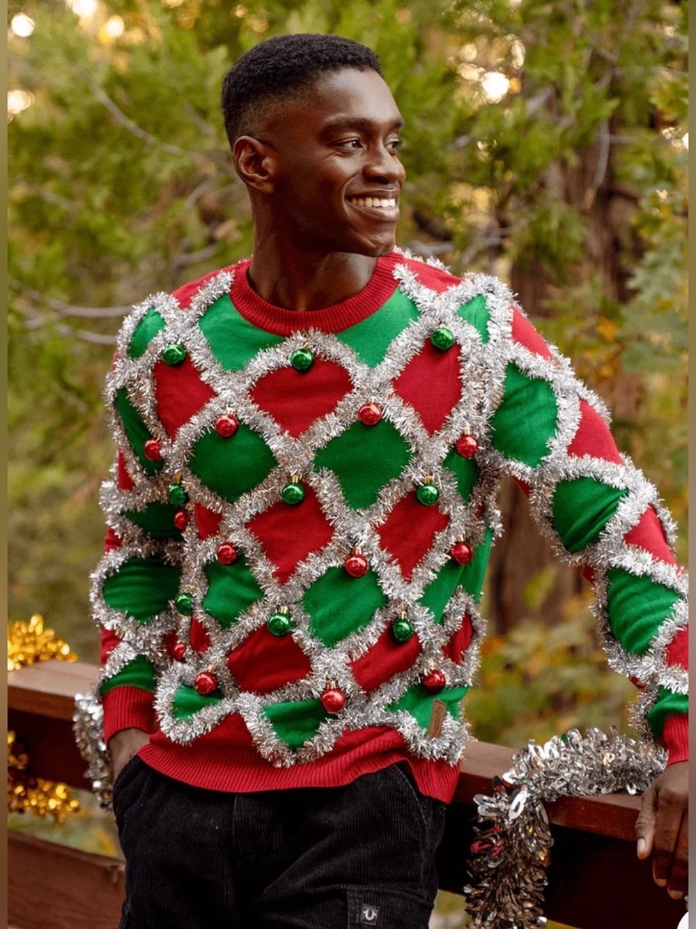 EUC Tipsy Elves Men’s Red Green Tacky Silver Tinsel Ugly Sweater - Size XL